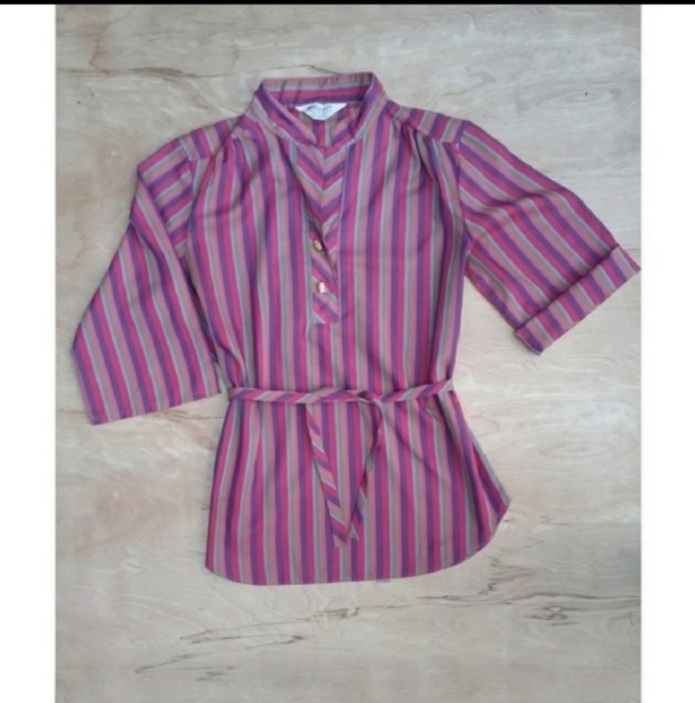 3/$25 Vintage button down purple purple pink colorful striped 3/4 sleeve tunic